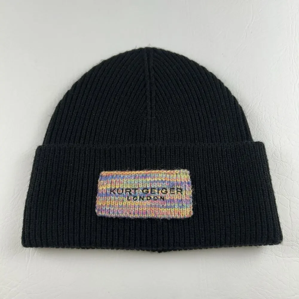 Kurt Geiger London Black Ribbed Knit Beanie Multicolor Logo Patch Cuffed Hat